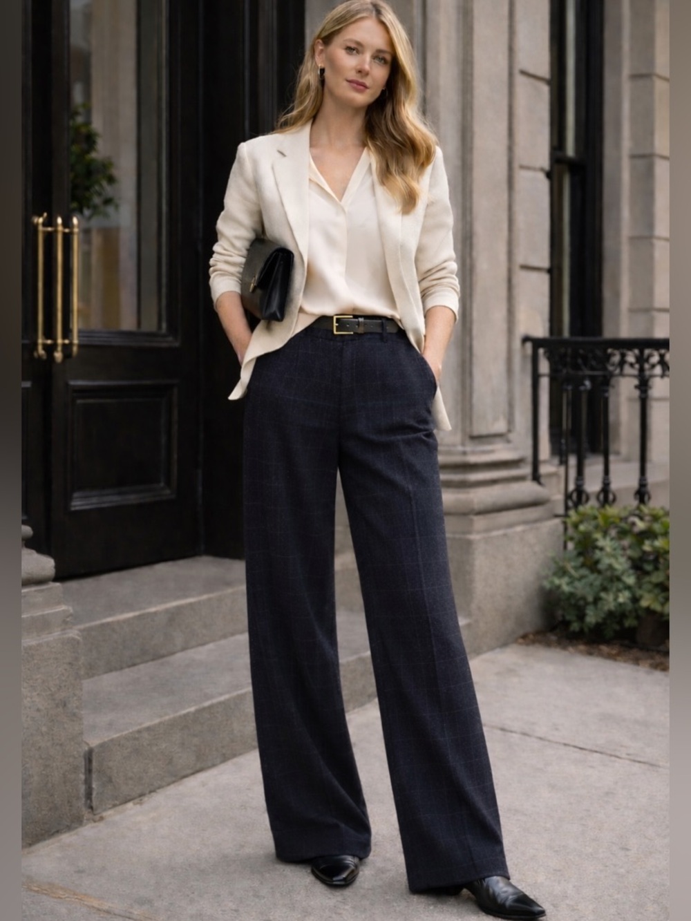 RALPH LAUREN PURPLE LABEL WINDOWPANE CHECK CASHMERE WIDE LEG PANTS SIZE 6